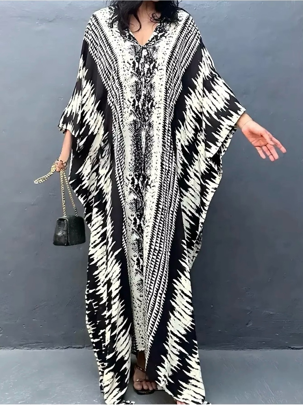 Black & Ivory Printed Viscose Kaftan Caftan Maxi Dress | Waist Tie | New